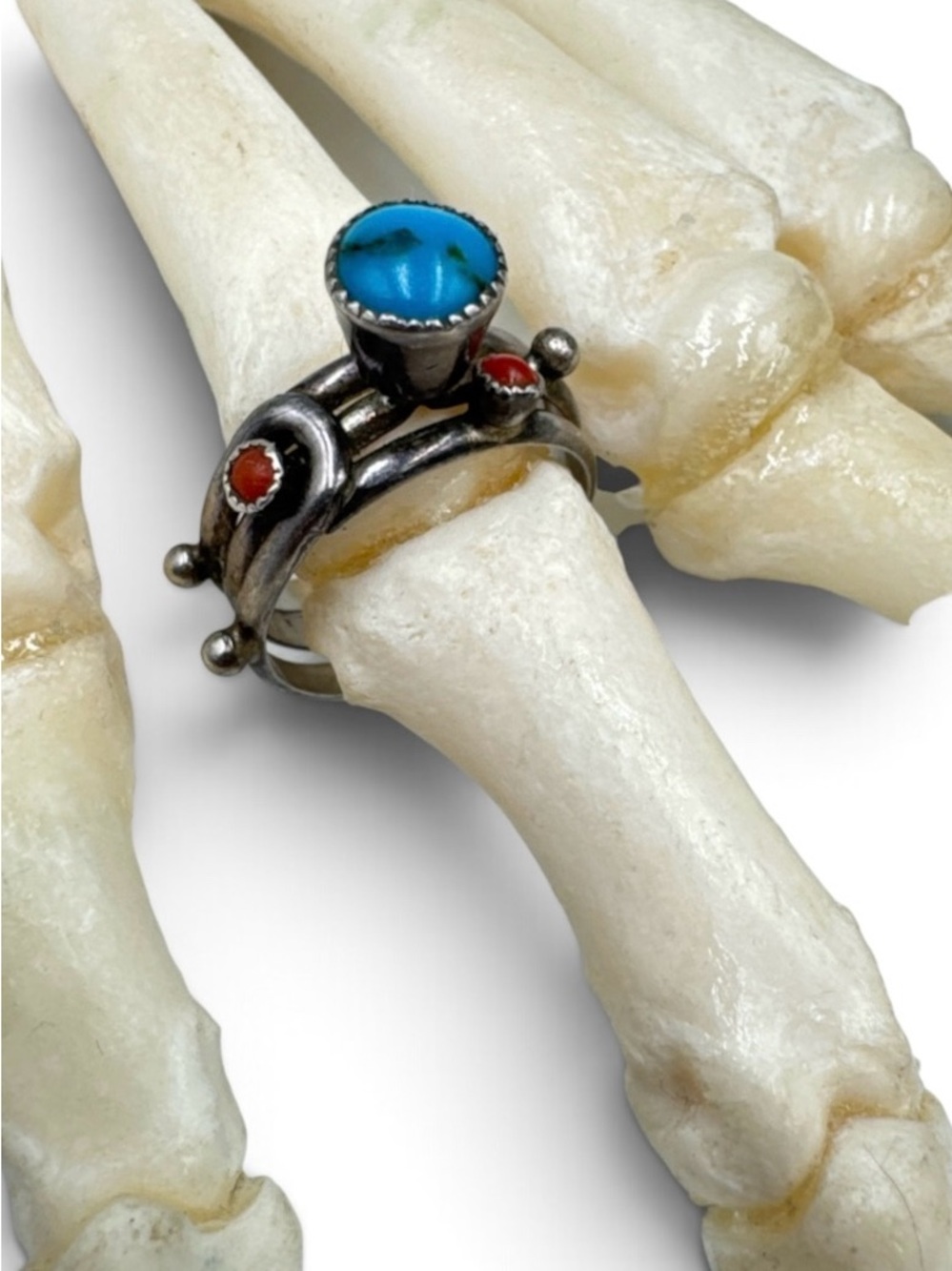 Vintage Zuni Sterling Blue Gem Turquoise Coral Puzzle Wedding Ring Size 6.5